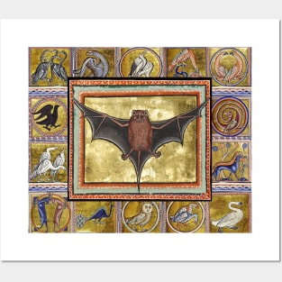 MEDIEVAL BESTIARY,BAT, FANTASTIC ANIMALS IN GOLD RED BLUE COLORS Posters and Art